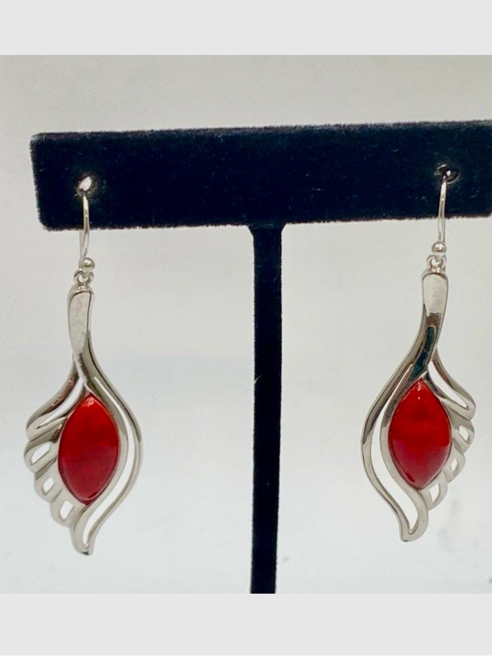 925 NF Sterling Silver Red Coral Dangle Earrings Thai Artisan Leaf Openwork 10g